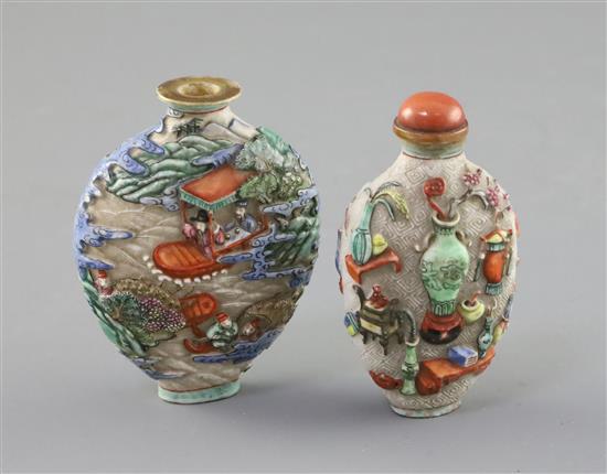 Two Chinese enamelled and moulded porcelain snuff bottles, Jiaqing porcelain four character marks and of the period (1796-1820) H. 7.3
